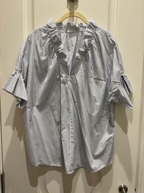 Finley Blue and White Striped Ruffle Neck Blouse